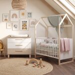 Ensemble chambre b�b� 'noah' duo - lit cabane 70 x 140 cm + commode � langer blanc - ch�ne tristan