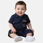 Ensemble chemiser et short b�b� gar�on imprim� col chemise marine