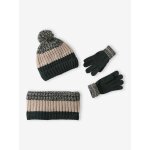 Ensemble colorblock bonnet + snood + gants garon vert sapin