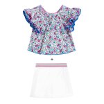 Ensemble Été blouse fleurie & jupe short violet bleu blanc Ensemble Été blouse fleurie & jupe short violet bleu blanc