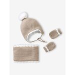 Ensemble festonn bonnet, snood et moufles bb beige chin