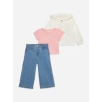 Ensemble fille 3 pi�ces t - shirt gilet � capuche et jean �vas� blanc / bleu / rose