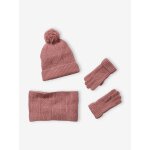 Ensemble fille bonnet, snood, gants en maille fantaisie rose