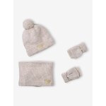 Ensemble fille bonnet, snood, moufles / mitaines avec badge coeur �cru