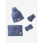 Ensemble fille bonnet, snood, moufles / mitaines avec badge coeur marine Ensemble fille bonnet, snood, moufles / mitaines avec badge coeur marine