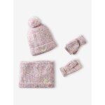 Ensemble fille bonnet, snood, moufles / mitaines avec badge coeur rose poudré Ensemble fille bonnet, snood, moufles / mitaines avec badge coeur rose poudré