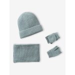 Ensemble fille bonnet + snood + moufles / mitaines vert sauge