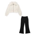 Ensemble fille en maille avec sweat � fermeture �clair et leggings �vas�s blanc