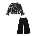 Ensemble pour fille en maille avec sweat � imprim� floral et pantalon large noir