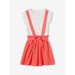Ensemble fille t - shirt  volants et jupe  bretelles en gaze de coton corail