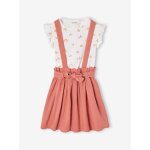 Ensemble fille t - shirt  volants et jupe  bretelles en gaze de coton vieux rose