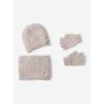 Ensemble fille tricot bonnet, snood et gants beige
