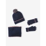 Ensemble fille tricot bonnet, snood et gants marine