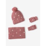 Ensemble fille tricot bonnet, snood et mitaines rose