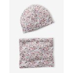 Ensemble fleuri fille bonnet + snood bois de rose
