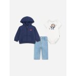 Ensemble gar�on 3 pi�ces body gilet � capuche et jean bleu / blanc / bleu fonc�