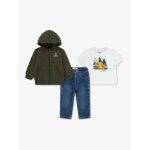 Ensemble gar�on 3 pi�ces t - shirt gilet � capuche et jean kaki / blanc / bleu