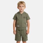 Ensemble gar�on t - shirt manches courtes zipp� et short kaki