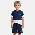 Ensemble garcon - sweat � capuche manches courtes et bermuda marine
