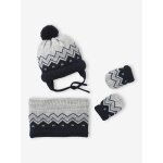Ensemble jacquard bonnet, snood et moufles bb gris chin