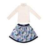 Ensemble jupe fleurie & col roul bleu marine lilas beige