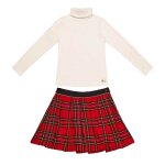 Ensemble jupe pliss�e tartan & col roul� rouge beige