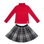 Ensemble jupe plisse tartan & pull col roul rouge gris