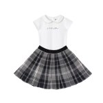 Ensemble jupe pliss�e tartan + t - shirt london gris anthracite blanc