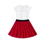 Ensemble jupe pliss�e velours + t - shirt london rouge blanc