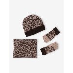 Ensemble lopard bonnet + snood + gants fille marron imprim