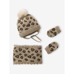 Ensemble léopard c½urs bonnet, snood et moufles bébé taupe Ensemble léopard c½urs bonnet, snood et moufles bébé taupe
