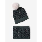 Ensemble  lopard  fille bonnet + snood vert