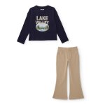 Ensemble en maille pour fille avec t - shirt imprim� et leggings �vas�s bleu
