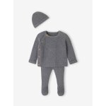 Ensemble naissance 3 pices en tricot gilet + pantalon + bonnet gris chin