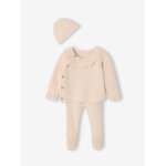 Ensemble naissance 3 pices en tricot gilet + pantalon + bonnet rose