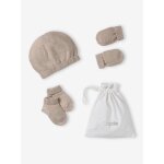 Ensemble naissance bonnet, moufles et chaussons et son pochon personnalisable beige chiné Ensemble naissance bonnet, moufles et chaussons et son pochon personnalisable beige chiné