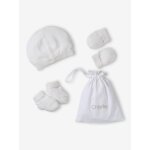 Ensemble naissance bonnet, moufles et chaussons et son pochon personnalisable blanc