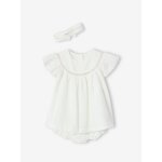 Ensemble naissance en broderie anglaise robe, culotte et bandeau cru