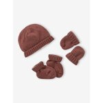 Ensemble naissance en tricot bonnet + moufles + chaussons noisette