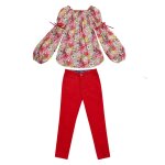 Ensemble pantalon velours & blouse fleurie rouge