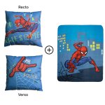 Ensemble plaid et coussin, spiderman hero bleu