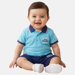 Ensemble polo et short b�b� gar�on imprim� col chemise bleu