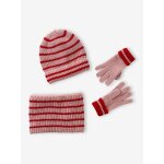 Ensemble ray fille bonnet + snood + moufles / gants blush
