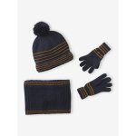 Ensemble ray garon bonnet + snood + moufles / gants bleu chambray