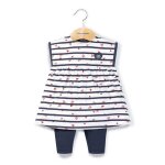 Ensemble robe + bas 100% coton b�b� fille fond blanc raye indigo