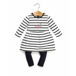 Ensemble robe + bas 100% coton b�b� fille fond naturel raye marine