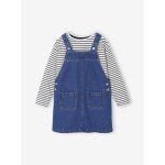 Ensemble robe salopette en jean et tee shirt rayé fille bleu moyen Ensemble robe salopette en jean et tee shirt rayé fille bleu moyen