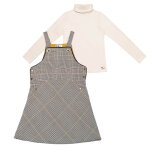 Ensemble robe salopette tartan & pull col roul� marron beige