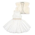 Ensemble robe soire + veste fausse fourrure beige dor