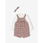 Ensemble salopette courte  carreaux + t - shirt et bandeau bb fille bois de rose